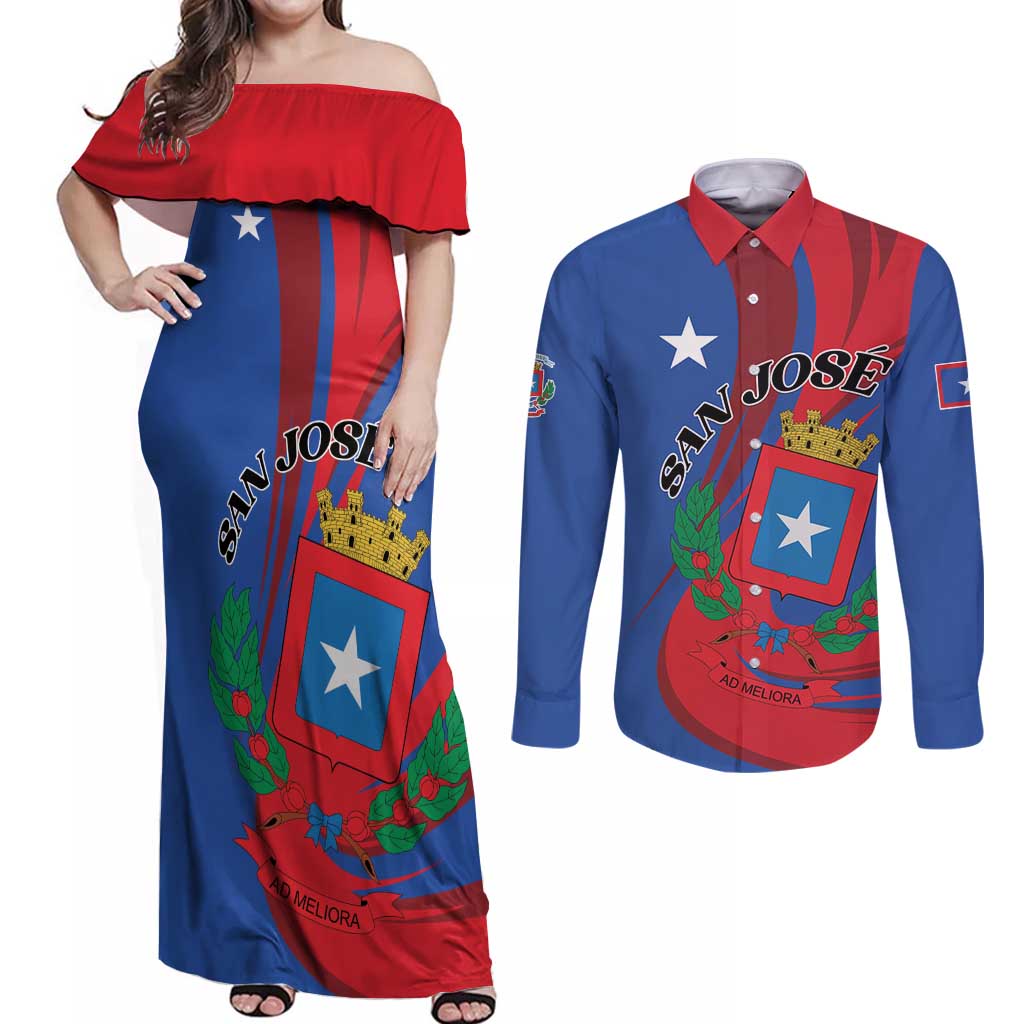 Personalized Costa Rica San José Couples Matching Off Shoulder Maxi Dress and Long Sleeve Button Shirt Ad Meliora - Wonder Print Shop