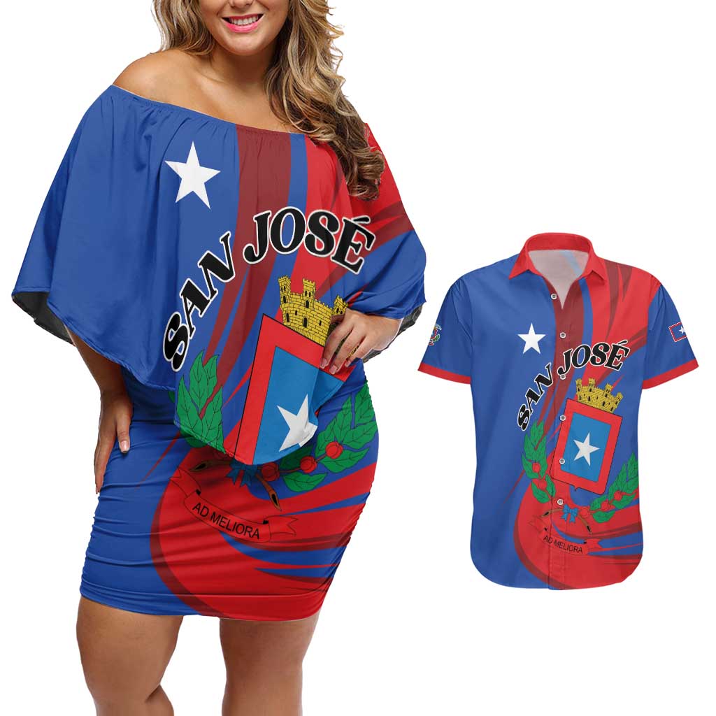 Personalized Costa Rica San José Couples Matching Off Shoulder Short Dress and Hawaiian Shirt Ad Meliora - Wonder Print Shop