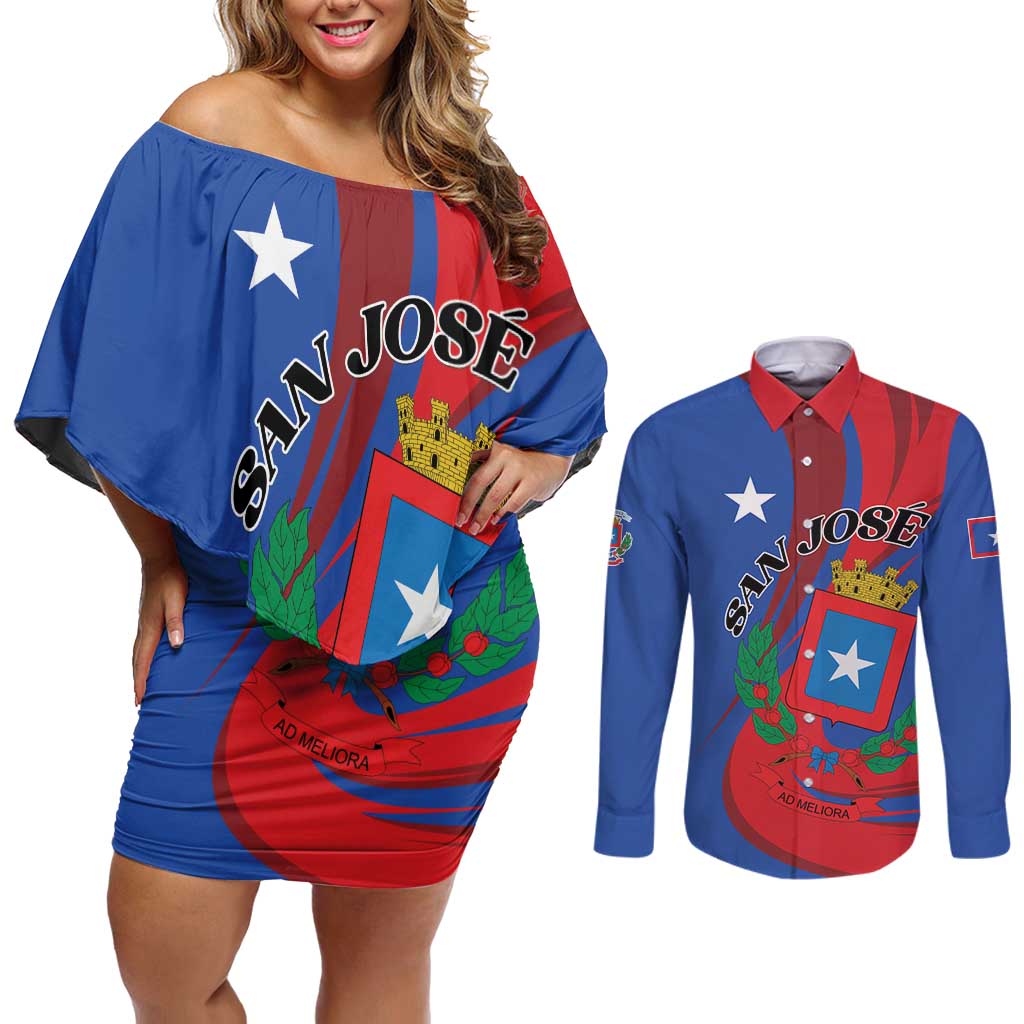 Personalized Costa Rica San José Couples Matching Off Shoulder Short Dress and Long Sleeve Button Shirt Ad Meliora - Wonder Print Shop