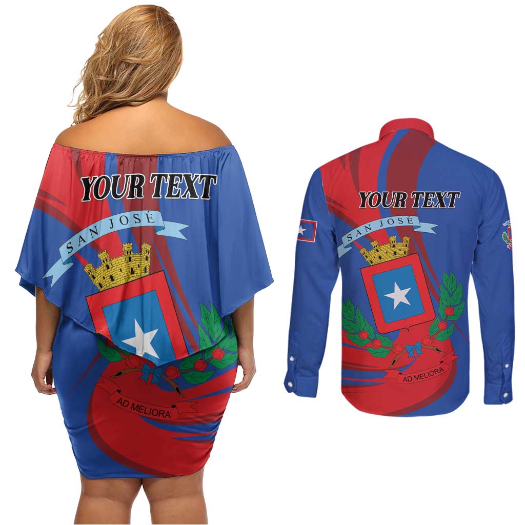 Personalized Costa Rica San José Couples Matching Off Shoulder Short Dress and Long Sleeve Button Shirt Ad Meliora - Wonder Print Shop