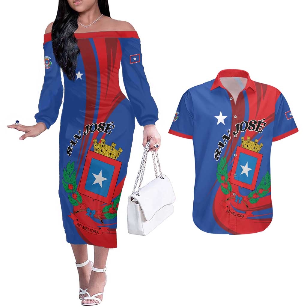 Personalized Costa Rica San José Couples Matching Off The Shoulder Long Sleeve Dress and Hawaiian Shirt Ad Meliora - Wonder Print Shop