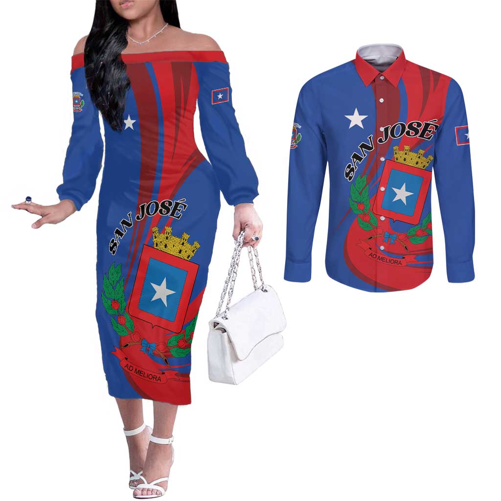 Personalized Costa Rica San José Couples Matching Off The Shoulder Long Sleeve Dress and Long Sleeve Button Shirt Ad Meliora - Wonder Print Shop