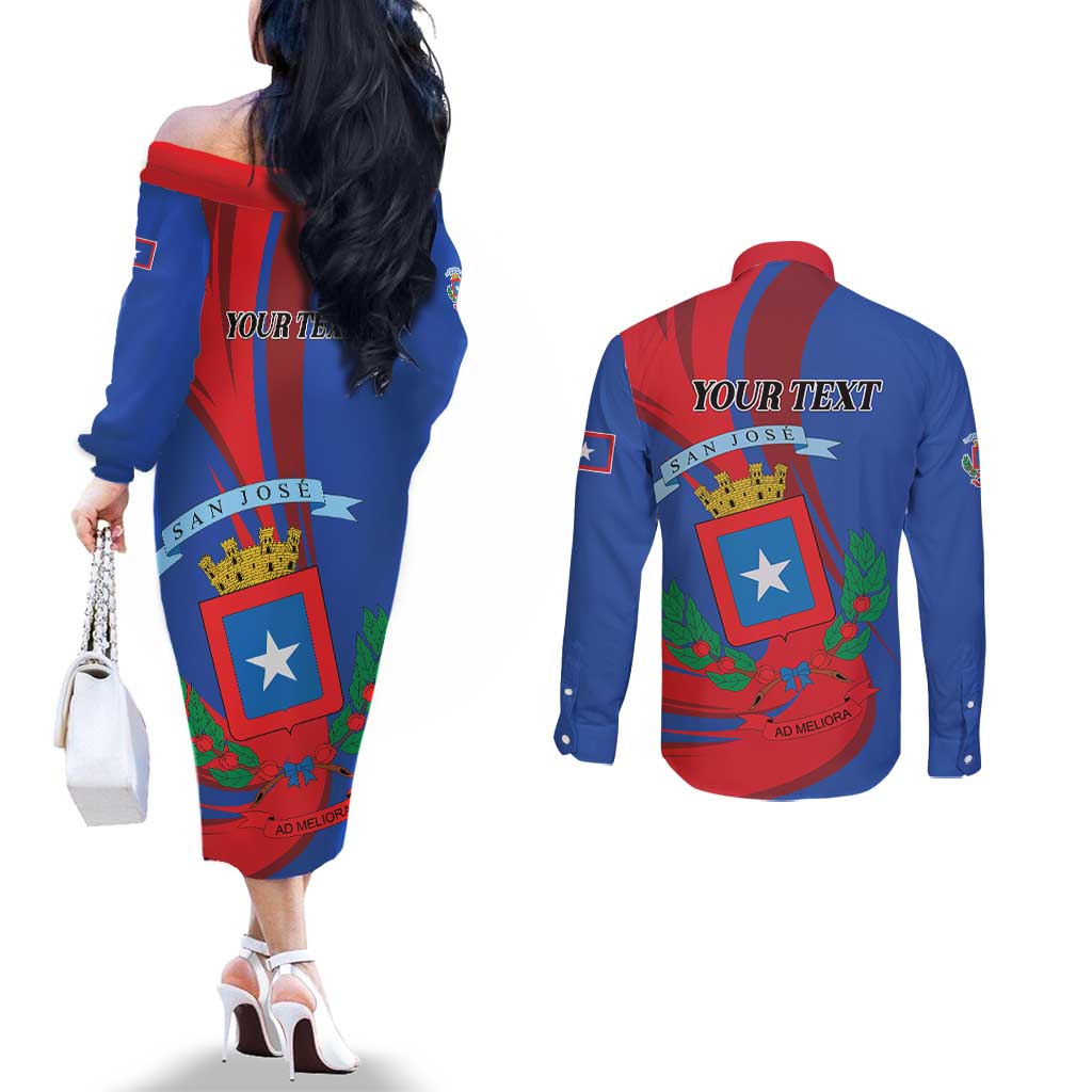 Personalized Costa Rica San José Couples Matching Off The Shoulder Long Sleeve Dress and Long Sleeve Button Shirt Ad Meliora - Wonder Print Shop