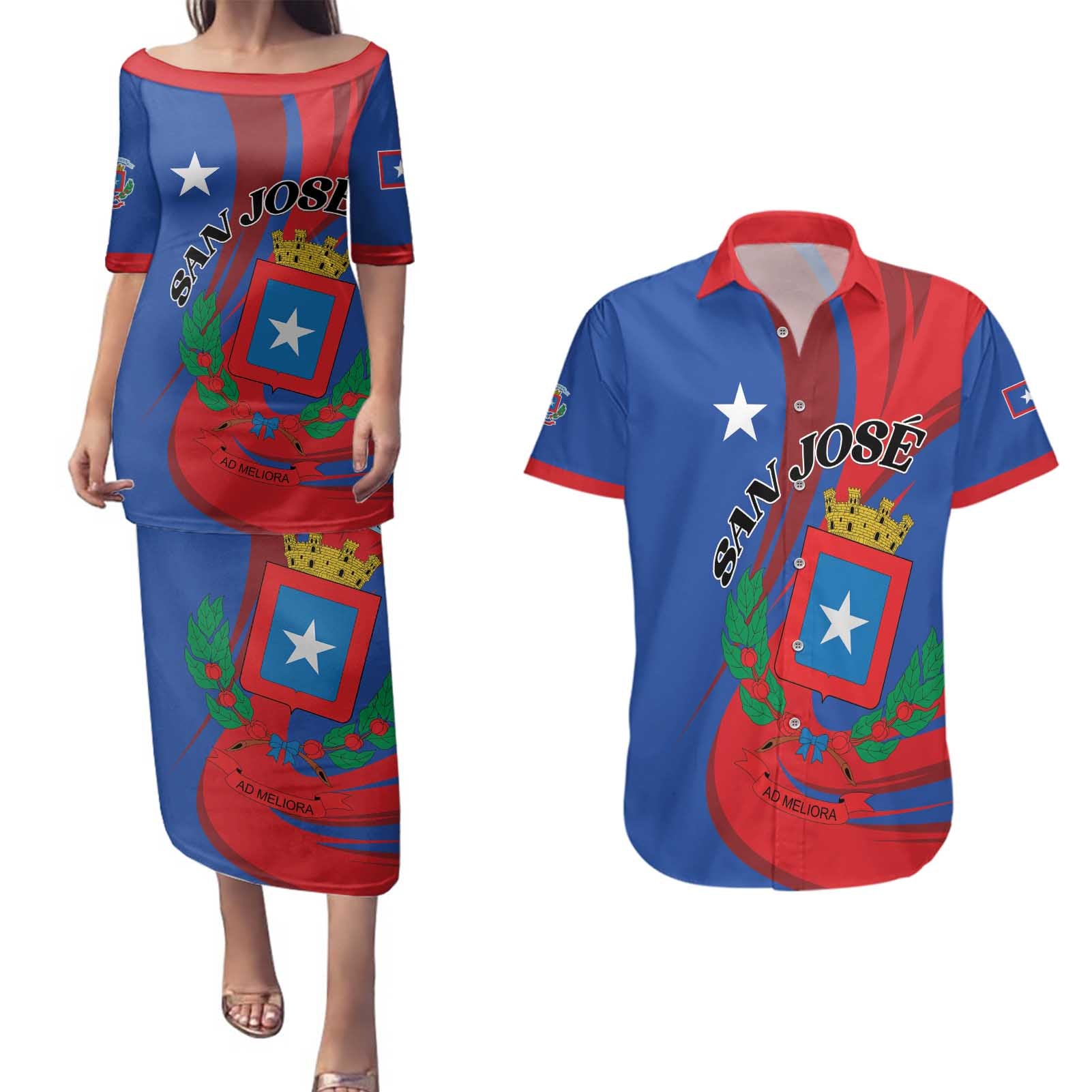 Personalized Costa Rica San José Couples Matching Puletasi and Hawaiian Shirt Ad Meliora - Wonder Print Shop