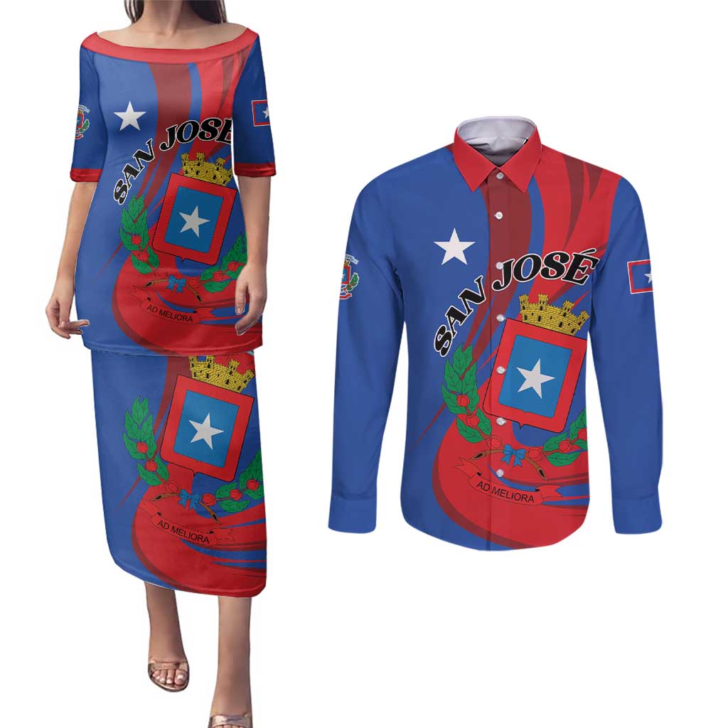 Personalized Costa Rica San José Couples Matching Puletasi and Long Sleeve Button Shirt Ad Meliora - Wonder Print Shop