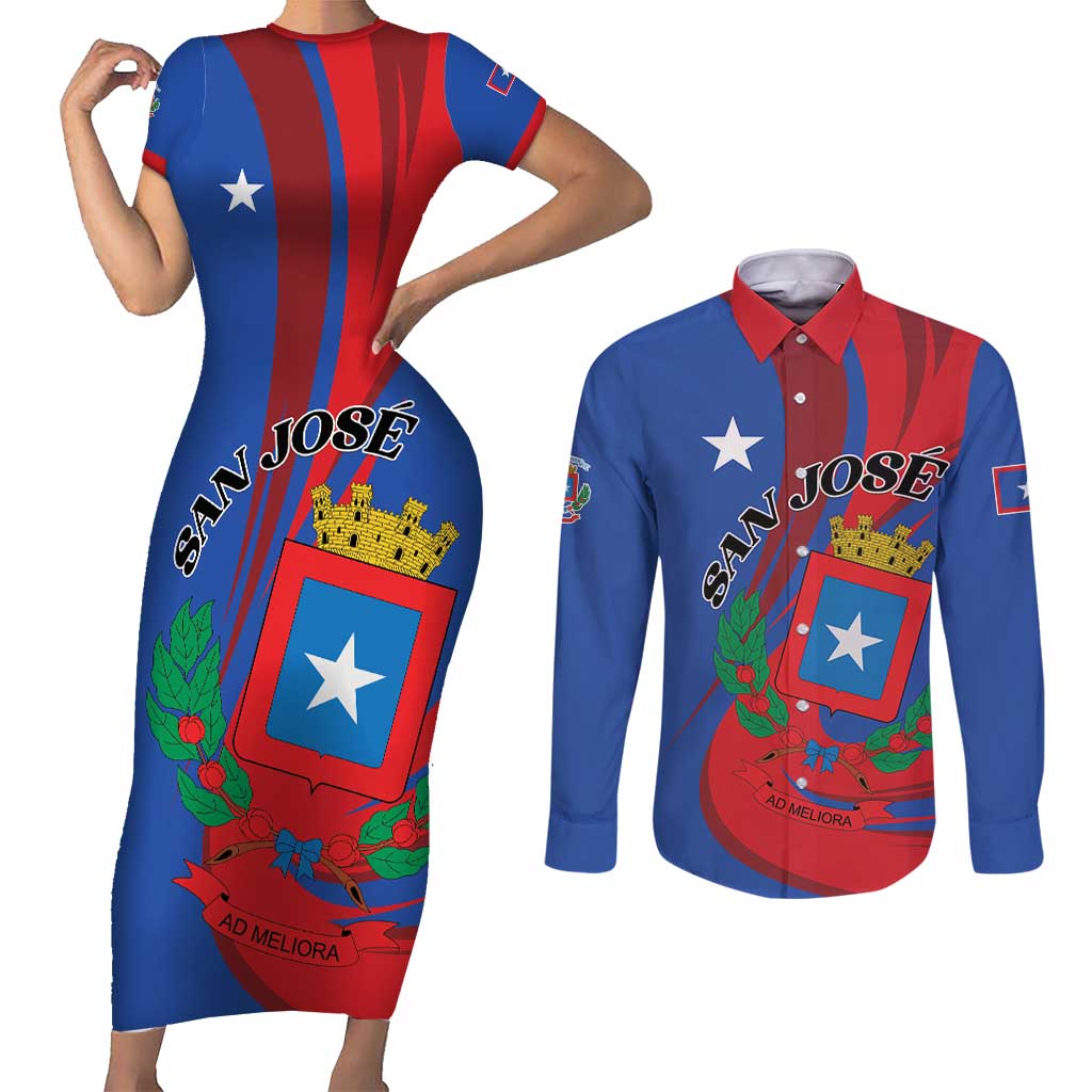 Personalized Costa Rica San José Couples Matching Short Sleeve Bodycon Dress and Long Sleeve Button Shirt Ad Meliora - Wonder Print Shop