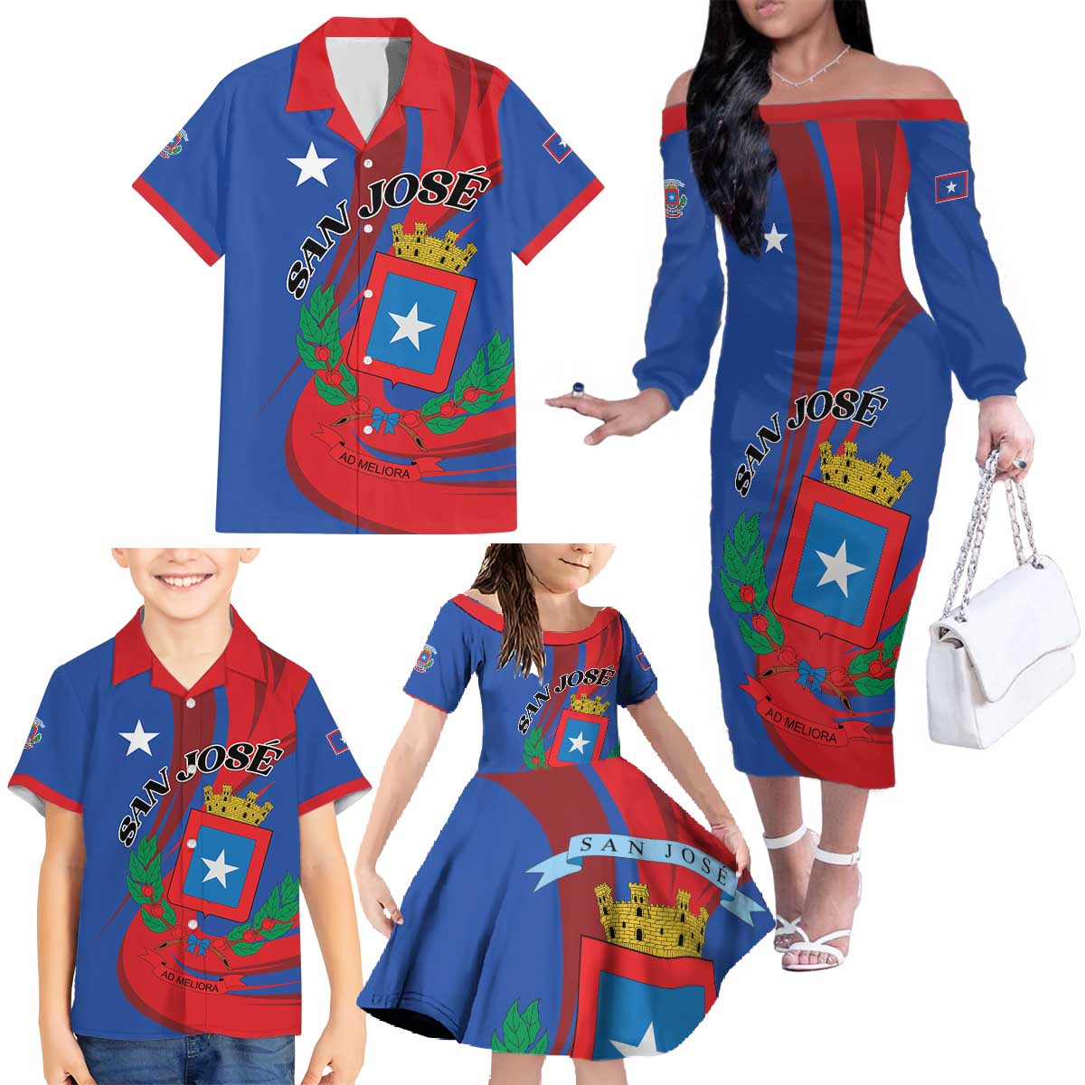 Personalized Costa Rica San José Family Matching Off The Shoulder Long Sleeve Dress and Hawaiian Shirt Ad Meliora - Wonder Print Shop