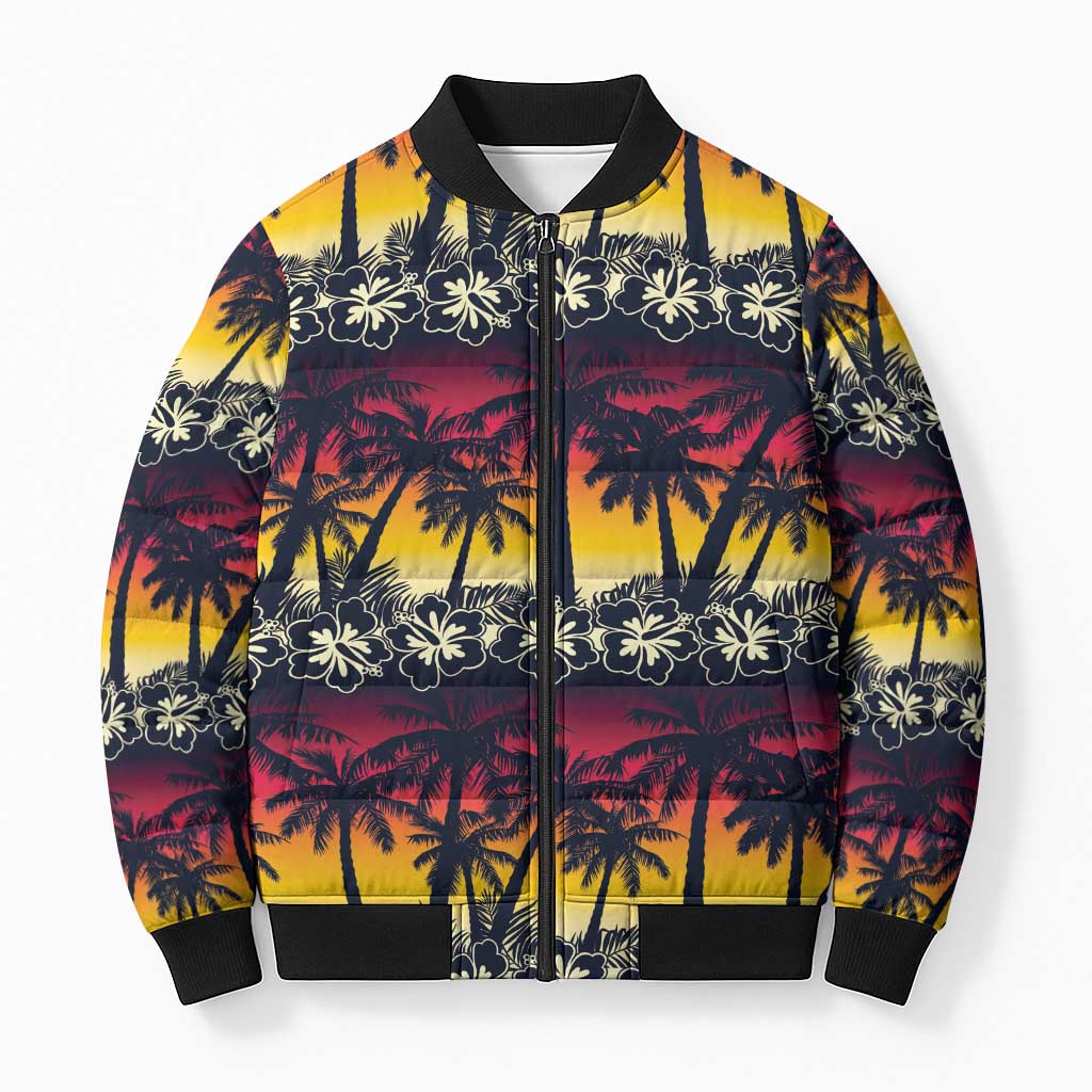 Hawaii Hibiscus Palm Tree Sunset Bomber Puffer Jacket Tropical Style - Wonder Print Shop