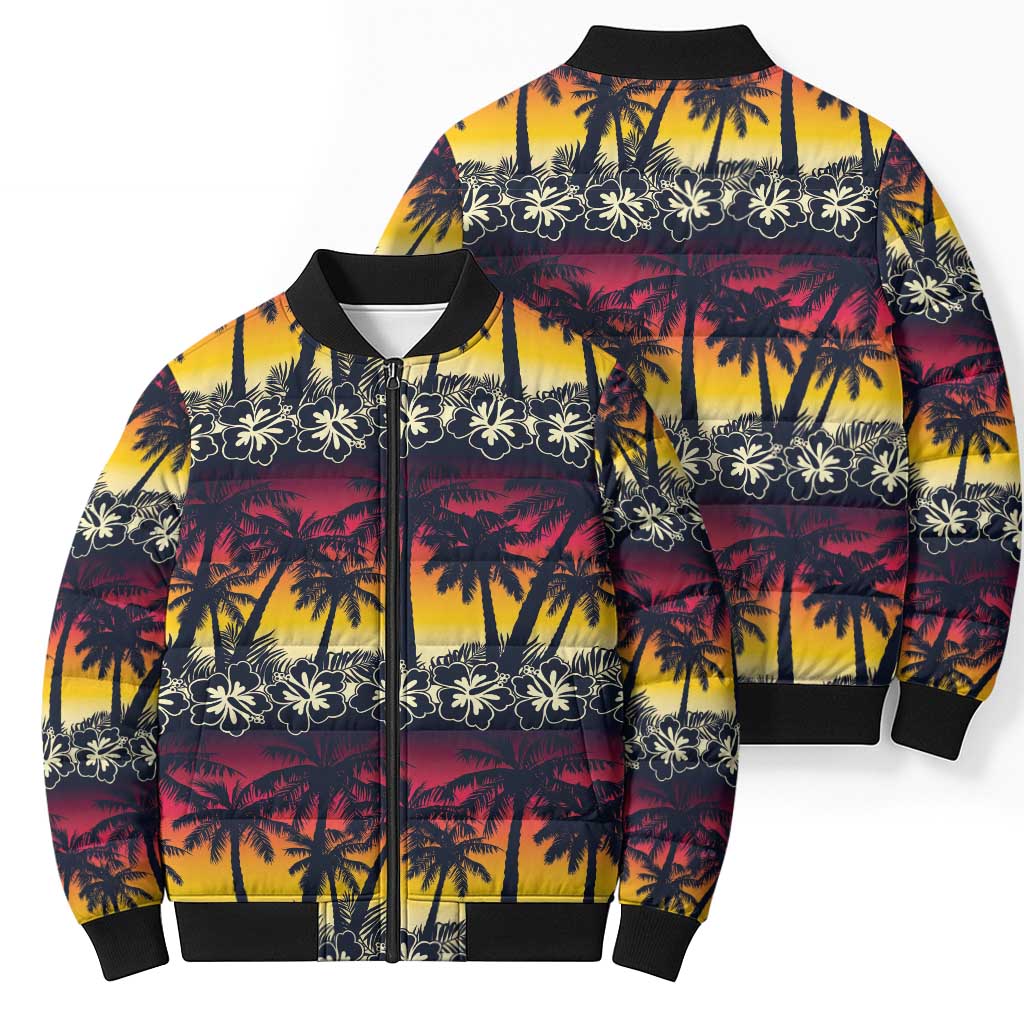 Hawaii Hibiscus Palm Tree Sunset Bomber Puffer Jacket Tropical Style - Wonder Print Shop