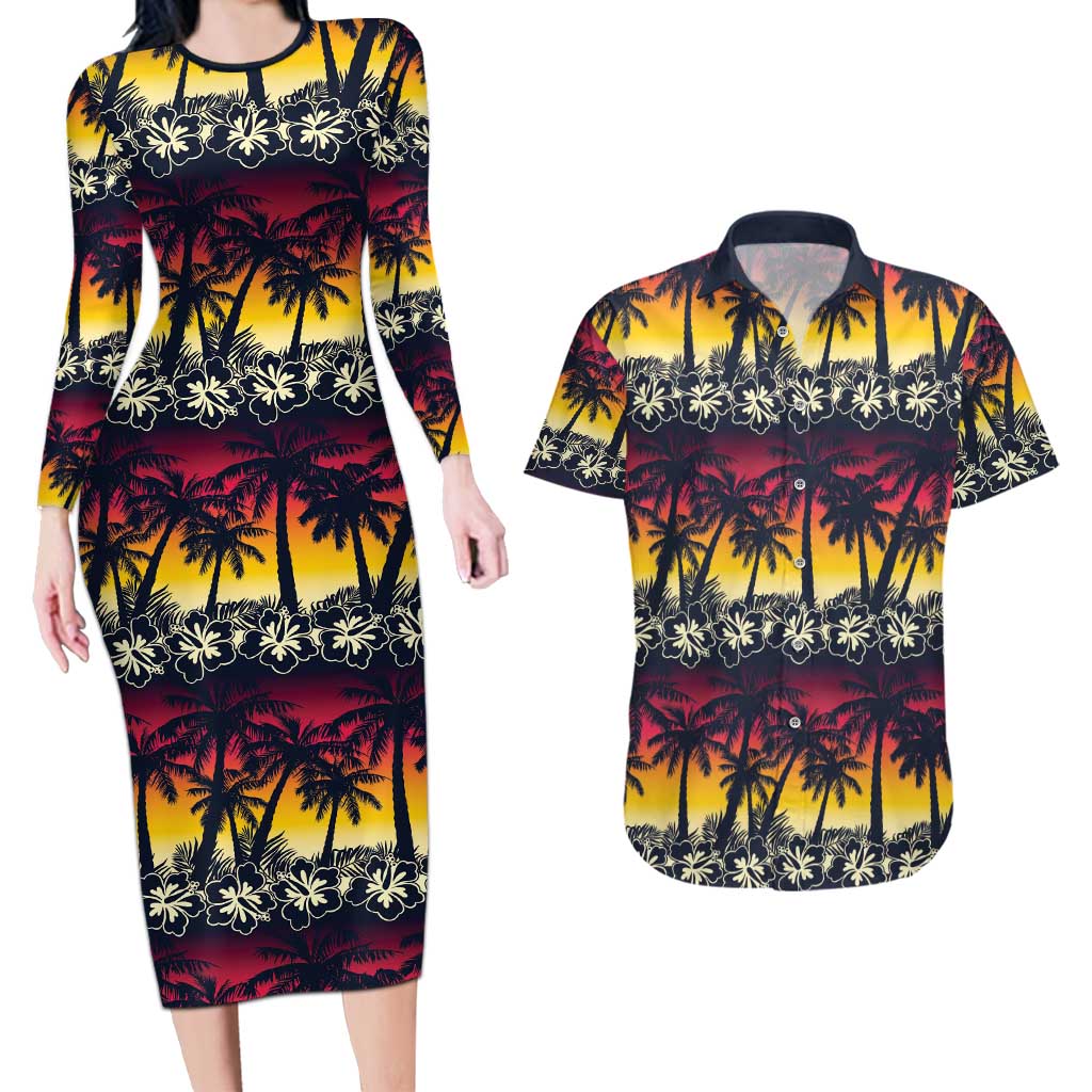 Hawaii Hibiscus Palm Tree Sunset Couples Matching Long Sleeve Bodycon Dress and Hawaiian Shirt Tropical Style - Wonder Print Shop