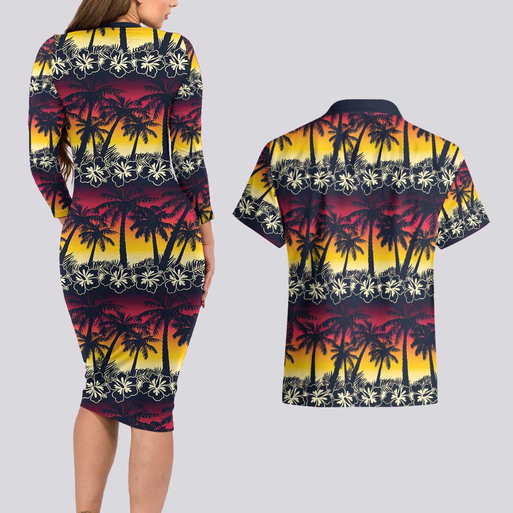 Hawaii Hibiscus Palm Tree Sunset Couples Matching Long Sleeve Bodycon Dress and Hawaiian Shirt Tropical Style - Wonder Print Shop