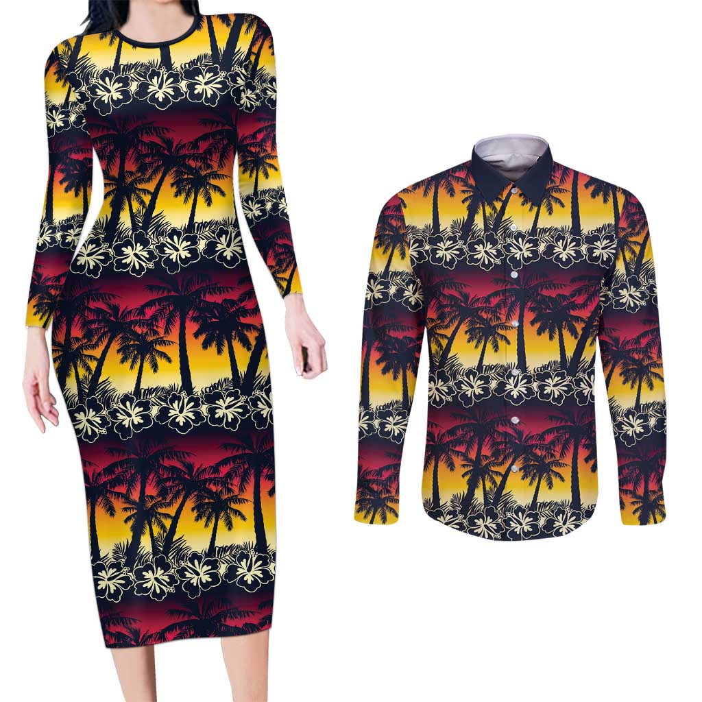 Hawaii Hibiscus Palm Tree Sunset Couples Matching Long Sleeve Bodycon Dress and Long Sleeve Button Shirt Tropical Style - Wonder Print Shop