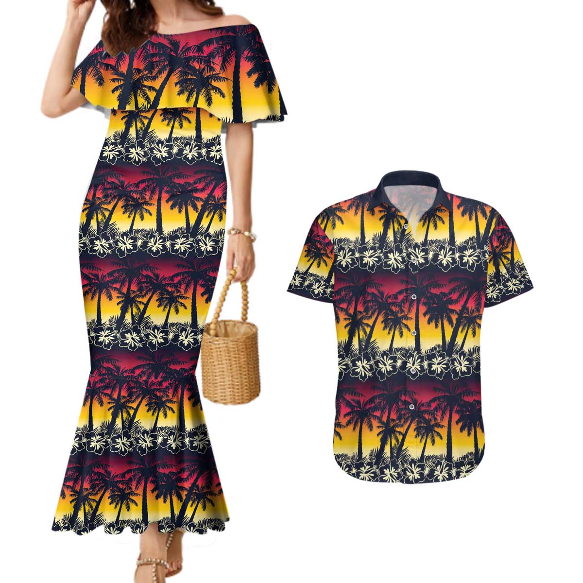Hawaii Hibiscus Palm Tree Sunset Couples Matching Mermaid Dress and Hawaiian Shirt Tropical Style - Wonder Print Shop