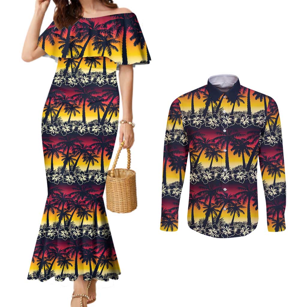 Hawaii Hibiscus Palm Tree Sunset Couples Matching Mermaid Dress and Long Sleeve Button Shirt Tropical Style - Wonder Print Shop