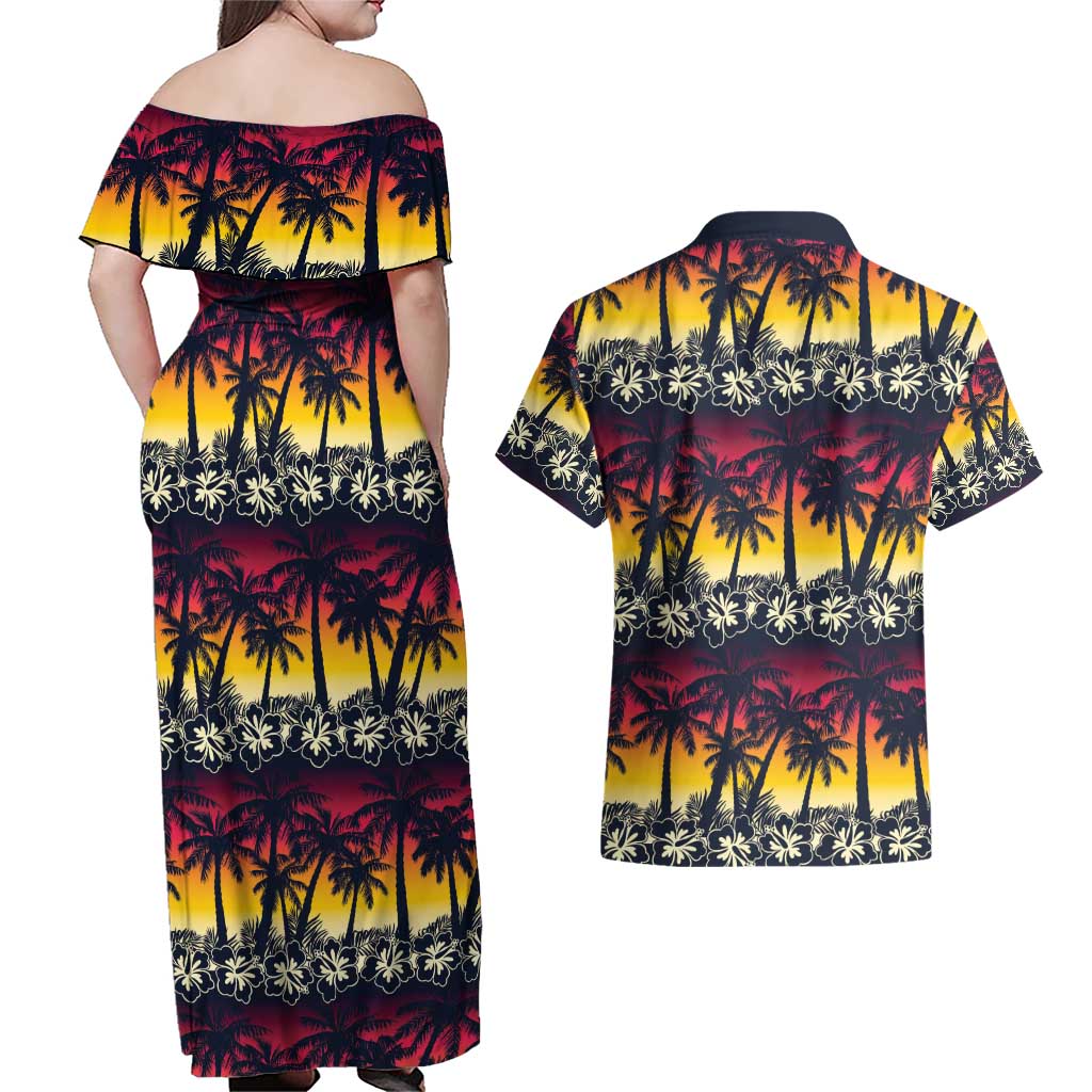 Hawaii Hibiscus Palm Tree Sunset Couples Matching Off Shoulder Maxi Dress and Hawaiian Shirt Tropical Style - Wonder Print Shop