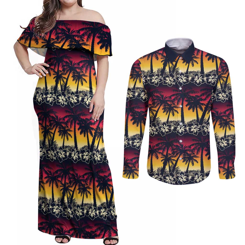 Hawaii Hibiscus Palm Tree Sunset Couples Matching Off Shoulder Maxi Dress and Long Sleeve Button Shirt Tropical Style - Wonder Print Shop