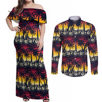 Hawaii Hibiscus Palm Tree Sunset Couples Matching Off Shoulder Maxi Dress and Long Sleeve Button Shirt Tropical Style - Wonder Print Shop