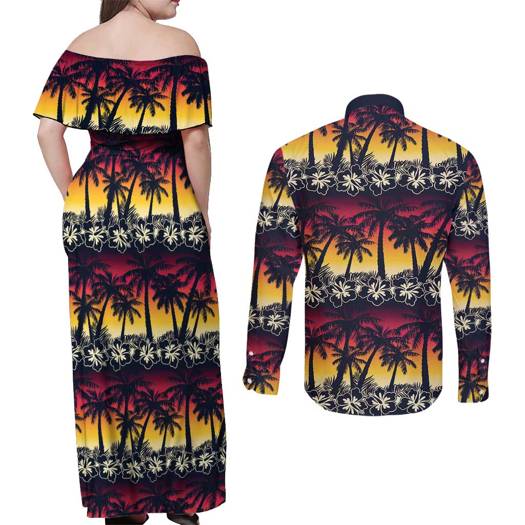 Hawaii Hibiscus Palm Tree Sunset Couples Matching Off Shoulder Maxi Dress and Long Sleeve Button Shirt Tropical Style - Wonder Print Shop