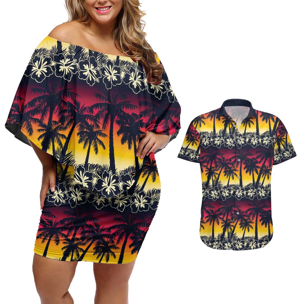 Hawaii Hibiscus Palm Tree Sunset Couples Matching Off Shoulder Short Dress and Hawaiian Shirt Tropical Style - Wonder Print Shop