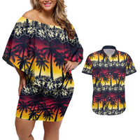 Hawaii Hibiscus Palm Tree Sunset Couples Matching Off Shoulder Short Dress and Hawaiian Shirt Tropical Style - Wonder Print Shop