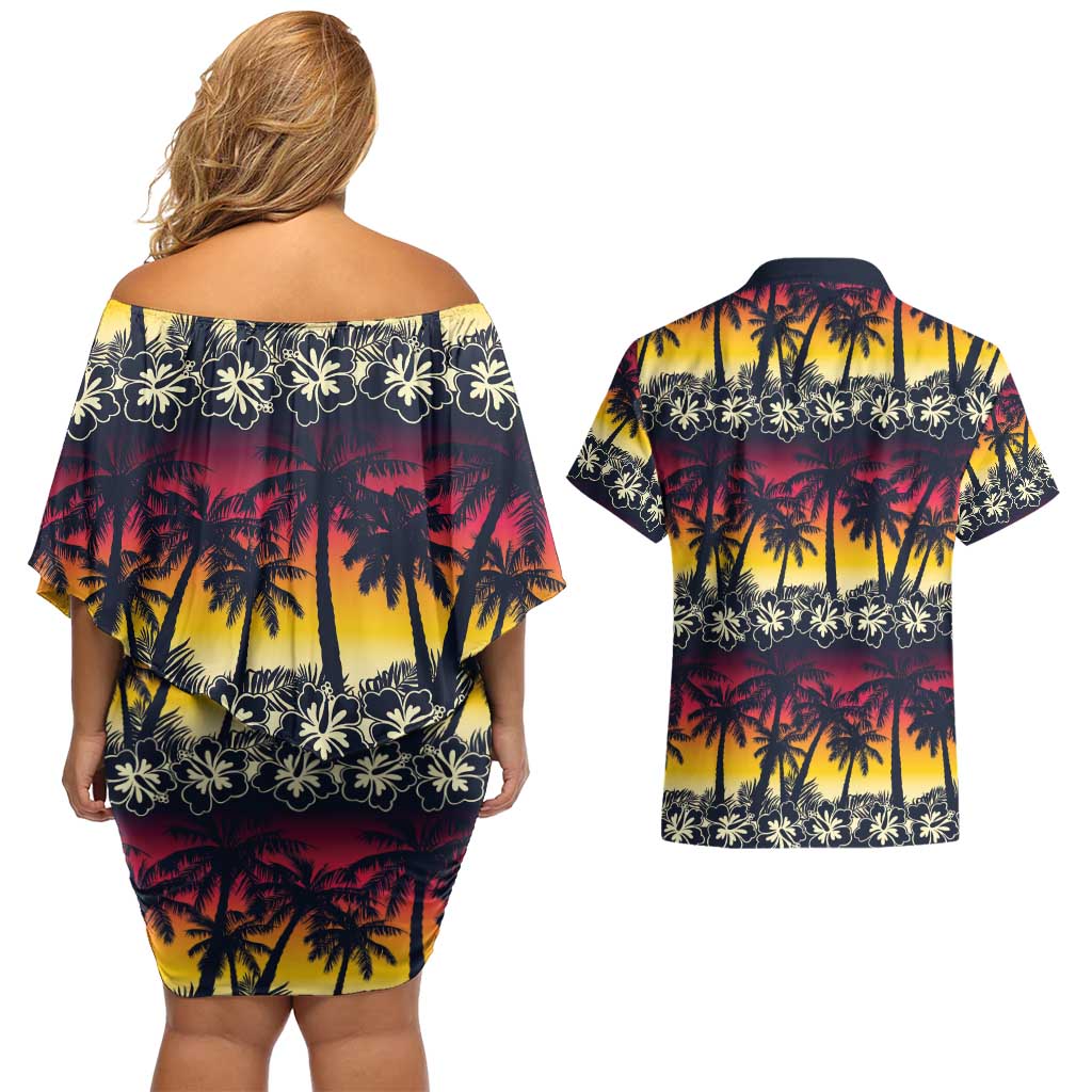 Hawaii Hibiscus Palm Tree Sunset Couples Matching Off Shoulder Short Dress and Hawaiian Shirt Tropical Style - Wonder Print Shop