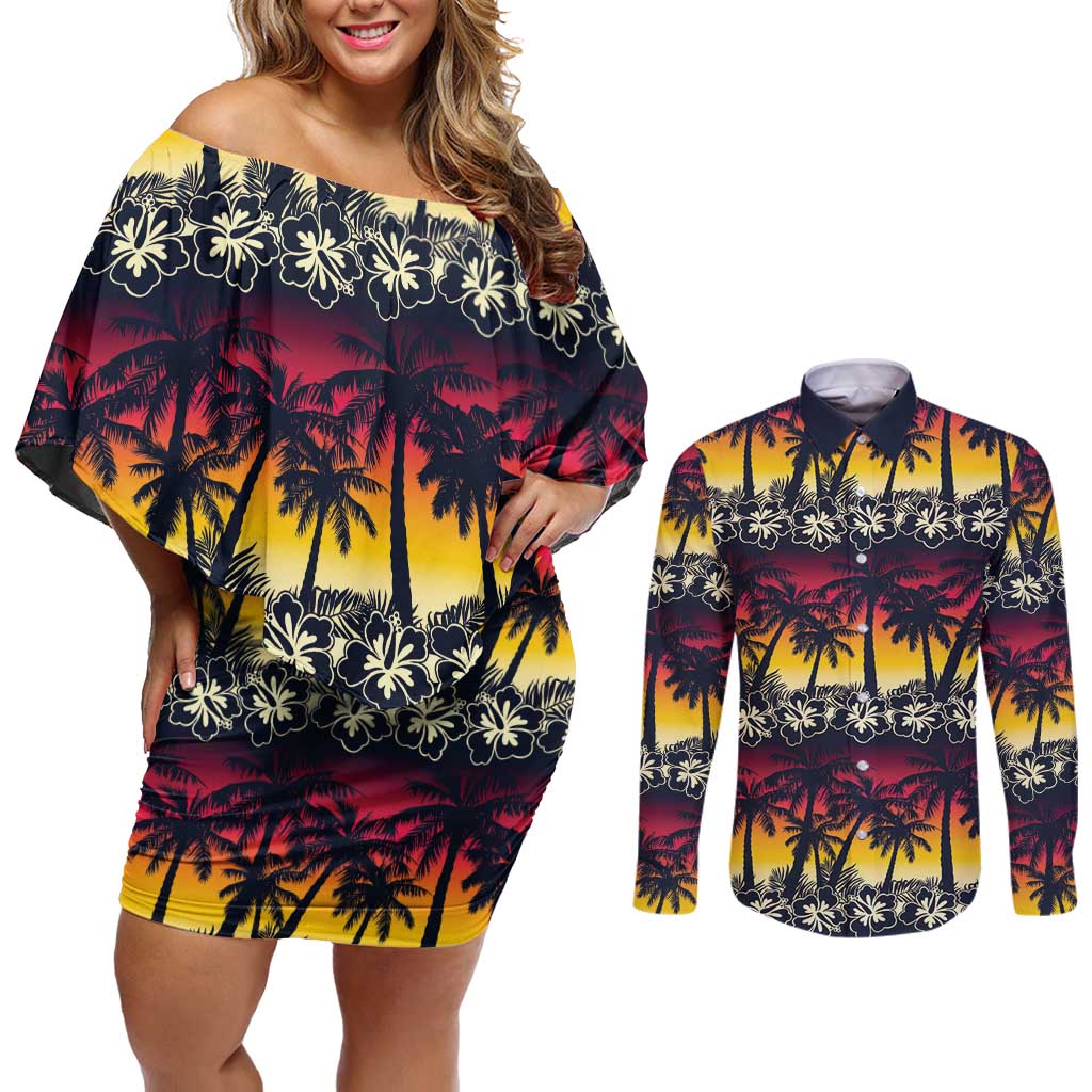 Hawaii Hibiscus Palm Tree Sunset Couples Matching Off Shoulder Short Dress and Long Sleeve Button Shirt Tropical Style - Wonder Print Shop