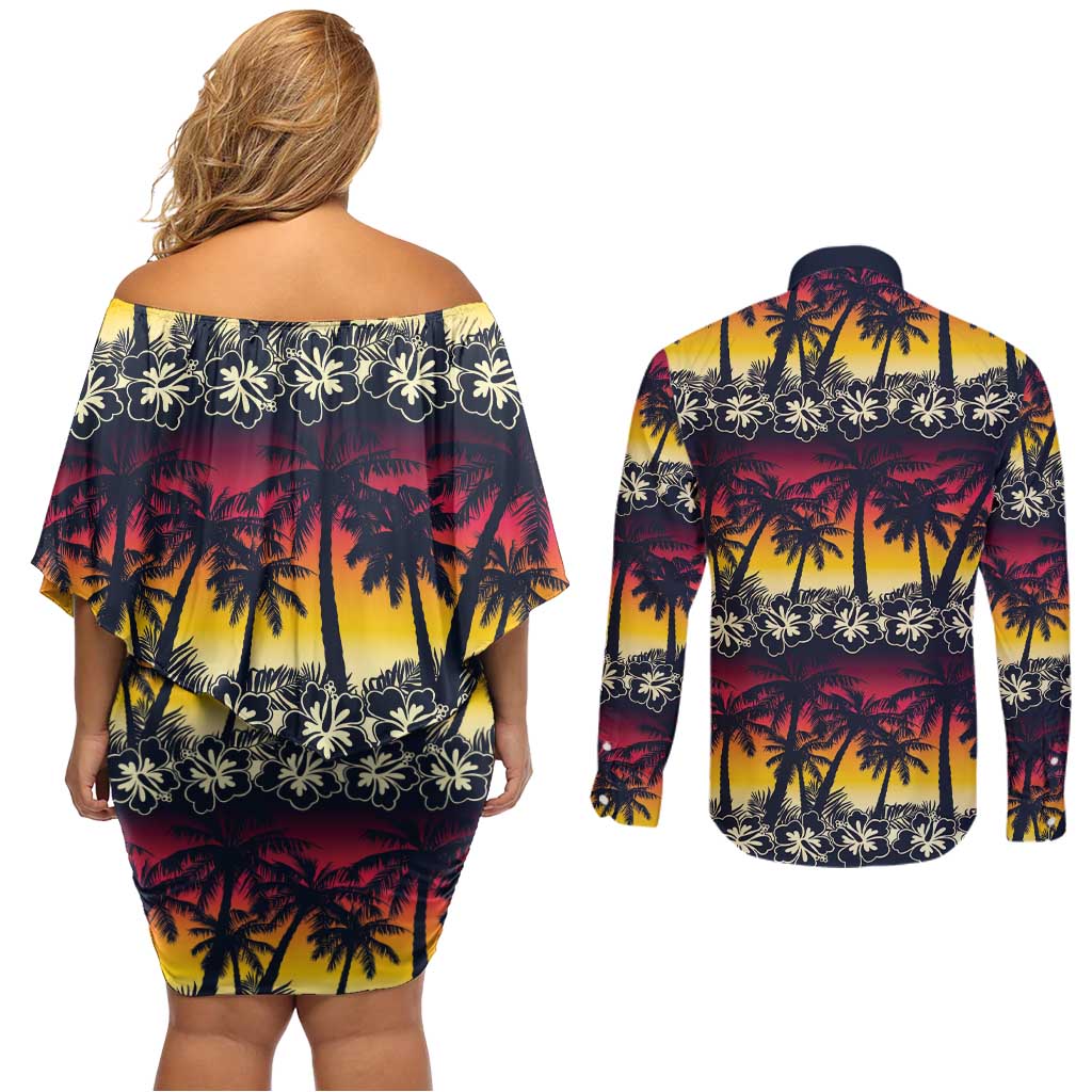 Hawaii Hibiscus Palm Tree Sunset Couples Matching Off Shoulder Short Dress and Long Sleeve Button Shirt Tropical Style - Wonder Print Shop