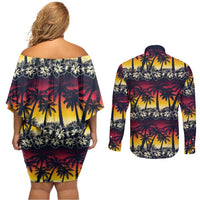 Hawaii Hibiscus Palm Tree Sunset Couples Matching Off Shoulder Short Dress and Long Sleeve Button Shirt Tropical Style - Wonder Print Shop