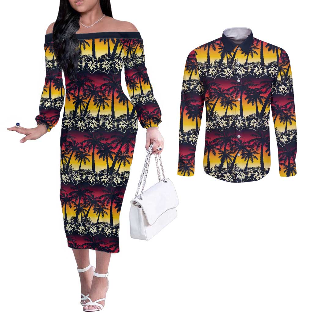 Hawaii Hibiscus Palm Tree Sunset Couples Matching Off The Shoulder Long Sleeve Dress and Long Sleeve Button Shirt Tropical Style - Wonder Print Shop