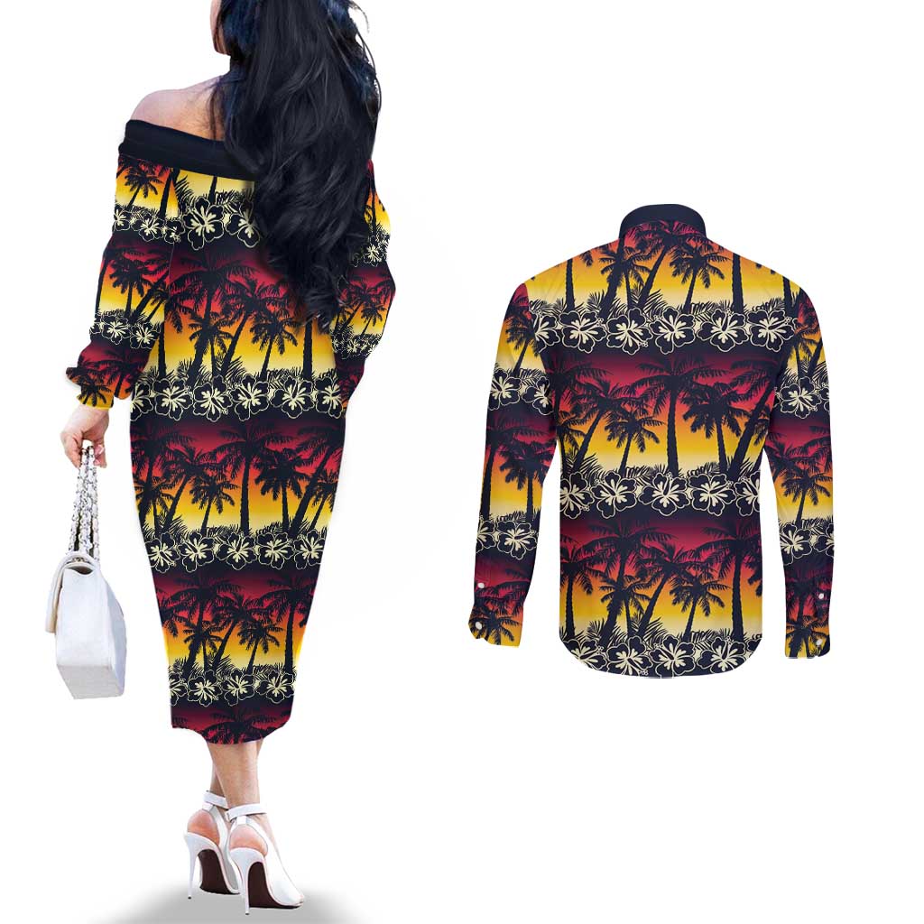 Hawaii Hibiscus Palm Tree Sunset Couples Matching Off The Shoulder Long Sleeve Dress and Long Sleeve Button Shirt Tropical Style - Wonder Print Shop