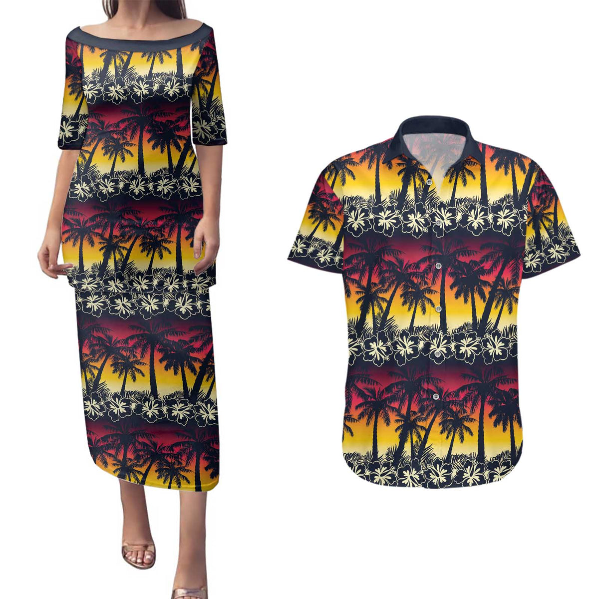Hawaii Hibiscus Palm Tree Sunset Couples Matching Puletasi and Hawaiian Shirt Tropical Style - Wonder Print Shop