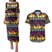 Hawaii Hibiscus Palm Tree Sunset Couples Matching Puletasi and Hawaiian Shirt Tropical Style - Wonder Print Shop