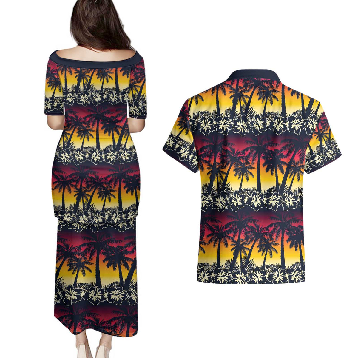 Hawaii Hibiscus Palm Tree Sunset Couples Matching Puletasi and Hawaiian Shirt Tropical Style - Wonder Print Shop