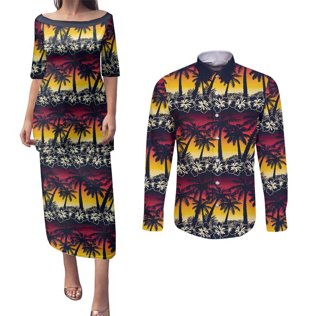 Hawaii Hibiscus Palm Tree Sunset Couples Matching Puletasi and Long Sleeve Button Shirt Tropical Style - Wonder Print Shop
