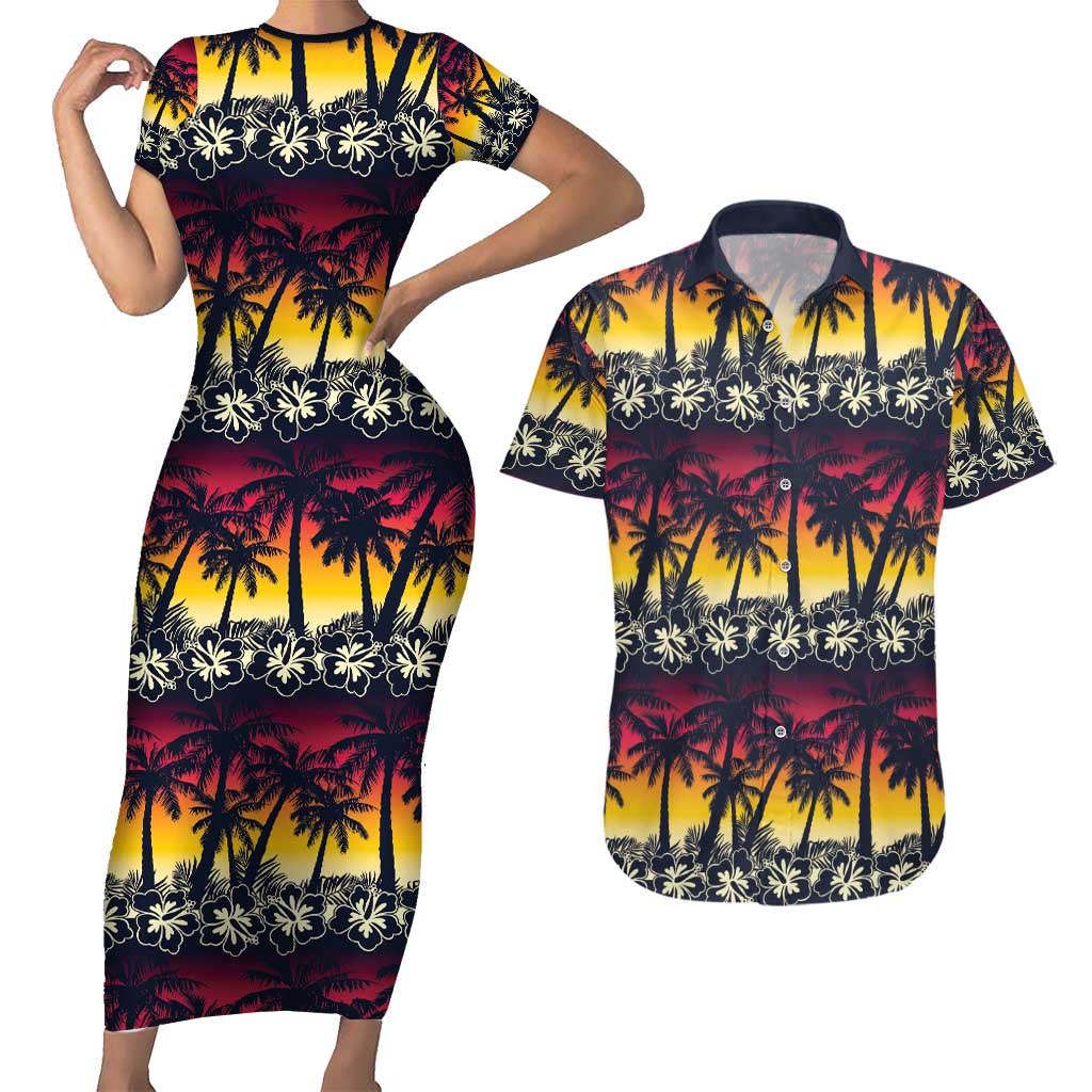 Hawaii Hibiscus Palm Tree Sunset Couples Matching Short Sleeve Bodycon Dress and Hawaiian Shirt Tropical Style - Wonder Print Shop