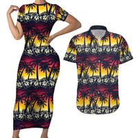 Hawaii Hibiscus Palm Tree Sunset Couples Matching Short Sleeve Bodycon Dress and Hawaiian Shirt Tropical Style - Wonder Print Shop