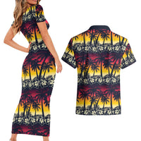 Hawaii Hibiscus Palm Tree Sunset Couples Matching Short Sleeve Bodycon Dress and Hawaiian Shirt Tropical Style - Wonder Print Shop