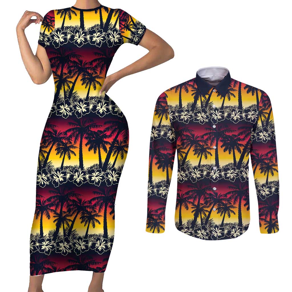 Hawaii Hibiscus Palm Tree Sunset Couples Matching Short Sleeve Bodycon Dress and Long Sleeve Button Shirt Tropical Style - Wonder Print Shop