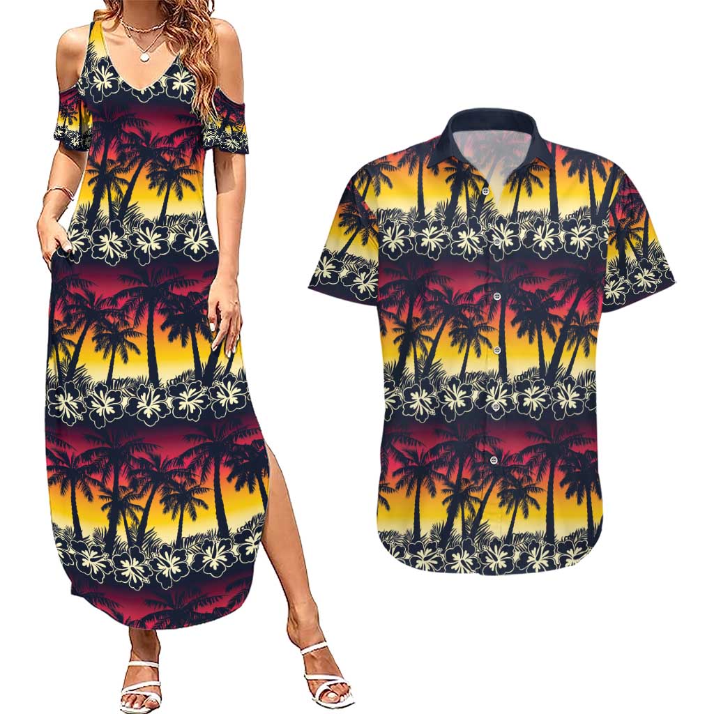 Hawaii Hibiscus Palm Tree Sunset Couples Matching Summer Maxi Dress and Hawaiian Shirt Tropical Style - Wonder Print Shop