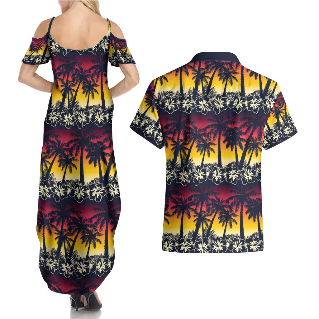 Hawaii Hibiscus Palm Tree Sunset Couples Matching Summer Maxi Dress and Hawaiian Shirt Tropical Style - Wonder Print Shop