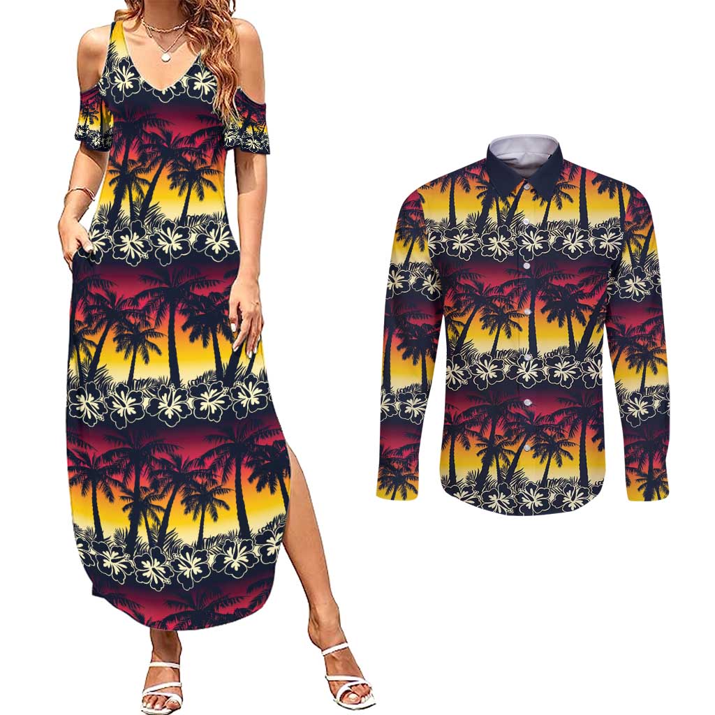 Hawaii Hibiscus Palm Tree Sunset Couples Matching Summer Maxi Dress and Long Sleeve Button Shirt Tropical Style - Wonder Print Shop