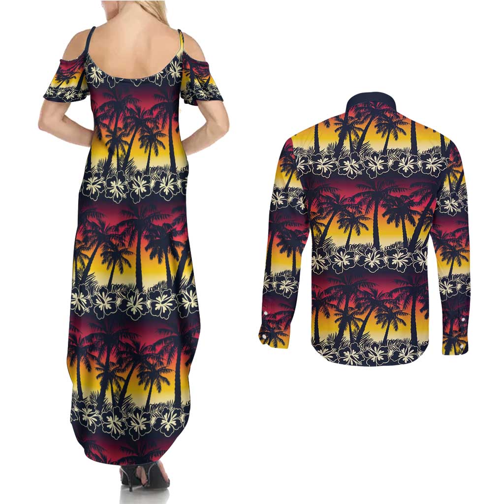 Hawaii Hibiscus Palm Tree Sunset Couples Matching Summer Maxi Dress and Long Sleeve Button Shirt Tropical Style - Wonder Print Shop