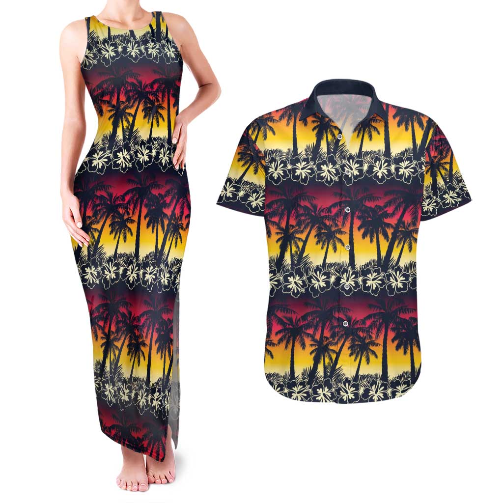Hawaii Hibiscus Palm Tree Sunset Couples Matching Tank Maxi Dress and Hawaiian Shirt Tropical Style - Wonder Print Shop