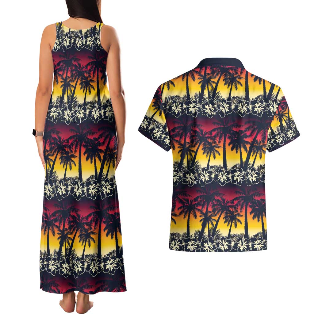 Hawaii Hibiscus Palm Tree Sunset Couples Matching Tank Maxi Dress and Hawaiian Shirt Tropical Style - Wonder Print Shop