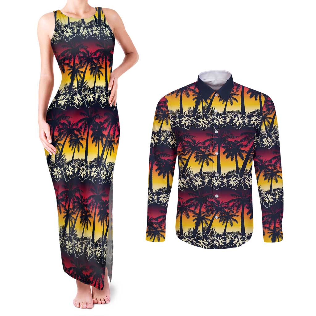 Hawaii Hibiscus Palm Tree Sunset Couples Matching Tank Maxi Dress and Long Sleeve Button Shirt Tropical Style - Wonder Print Shop