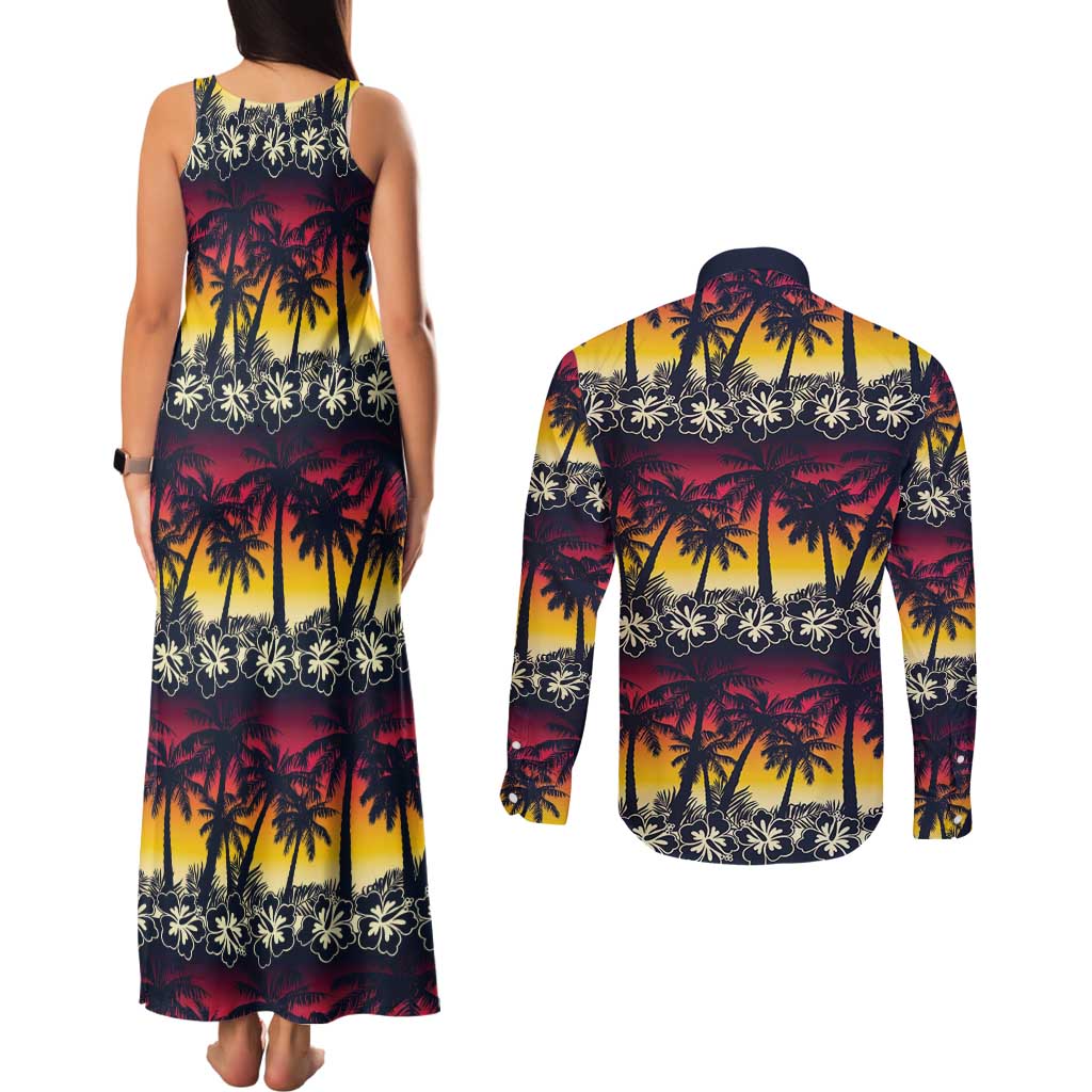 Hawaii Hibiscus Palm Tree Sunset Couples Matching Tank Maxi Dress and Long Sleeve Button Shirt Tropical Style - Wonder Print Shop