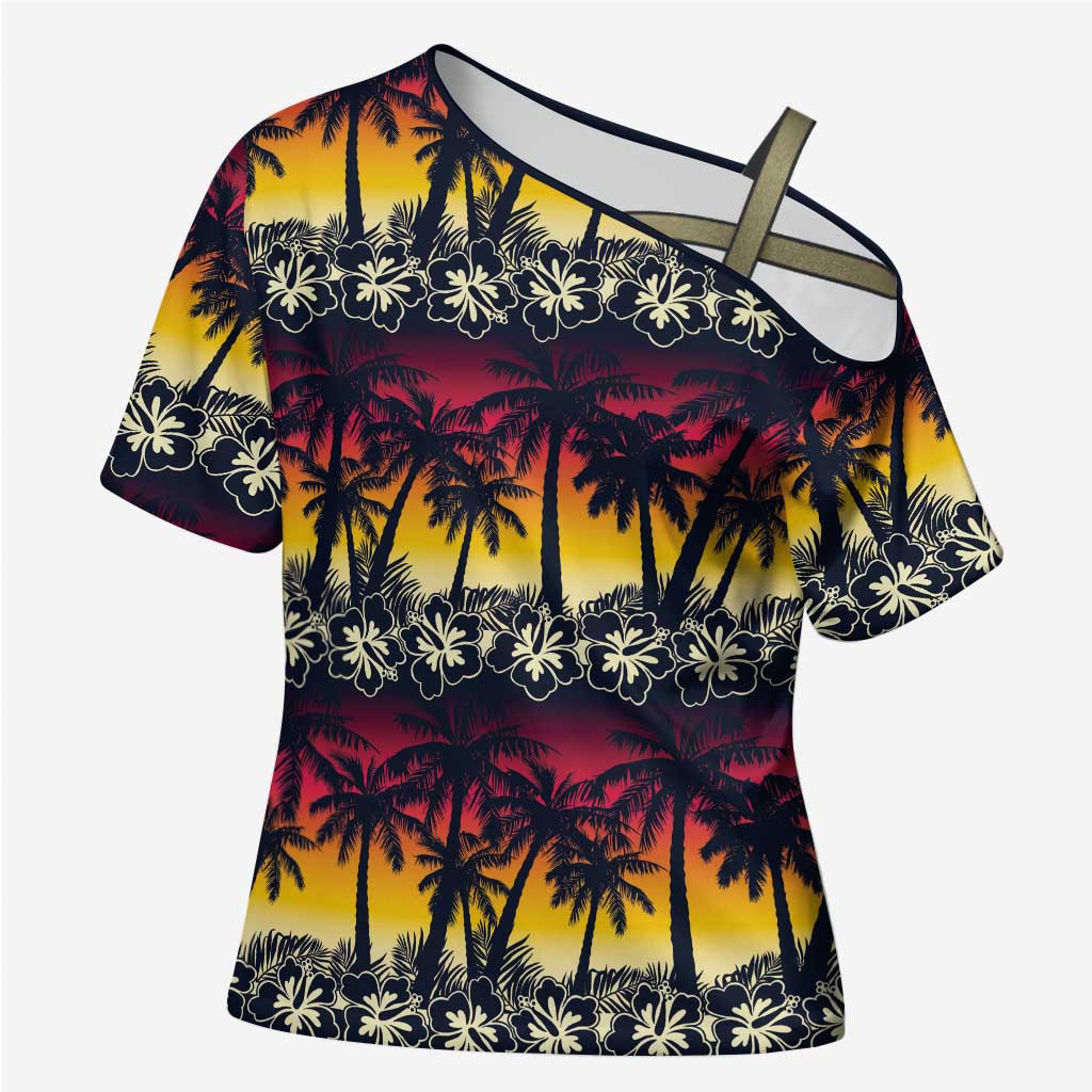 Hawaii Hibiscus Palm Tree Sunset Cross Shoulder Shirt Tropical Style - Wonder Print Shop