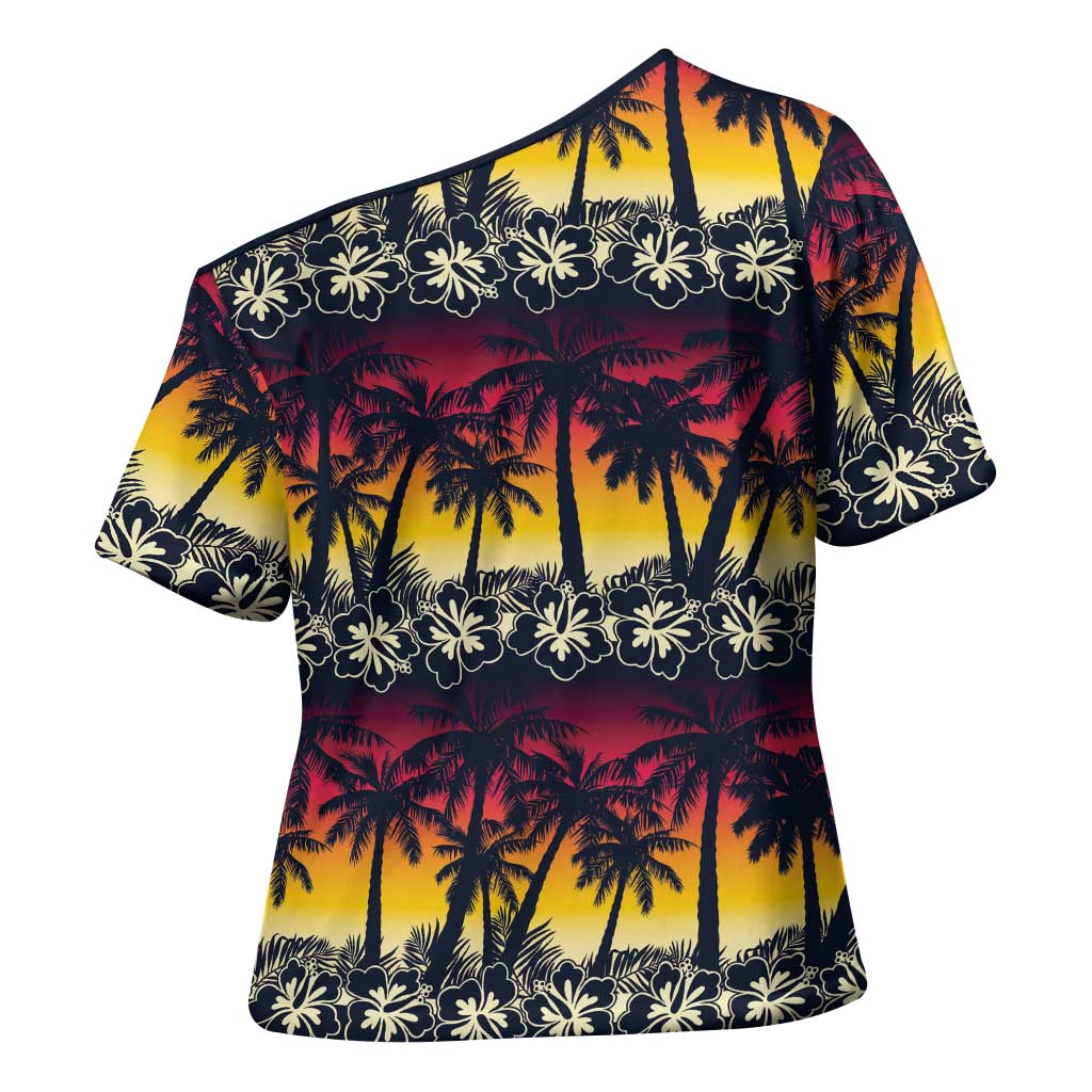 Hawaii Hibiscus Palm Tree Sunset Cross Shoulder Shirt Tropical Style - Wonder Print Shop