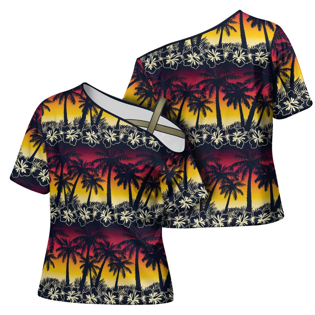Hawaii Hibiscus Palm Tree Sunset Cross Shoulder Shirt Tropical Style - Wonder Print Shop