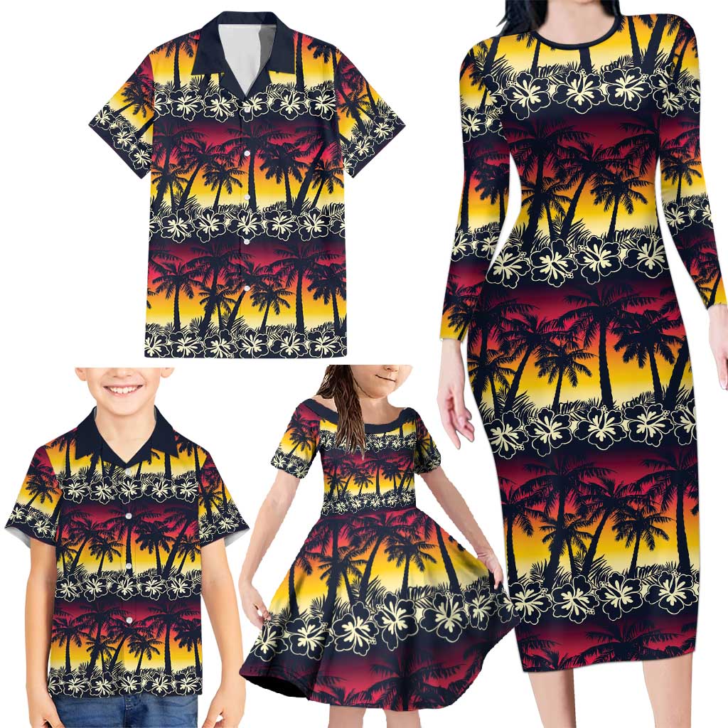 Hawaii Hibiscus Palm Tree Sunset Family Matching Long Sleeve Bodycon Dress and Hawaiian Shirt Tropical Style - Wonder Print Shop